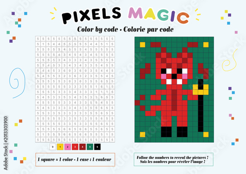 Cuadro en lienzo Pixel à colorier, coloriage numéroté, petit démon mignon d'Halloween
