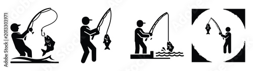 Foto Collection of black summer catching fish silhouette simple vector icon set and summer icons concept