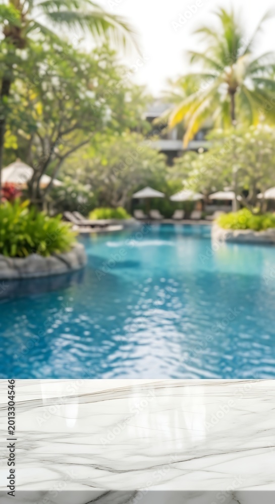 Fototapeta premium Empty Marble Table Overlooking Blurred Tropical Resort Swimming Pool