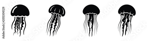 Collection of black summer jellyfish floating silhouette simple vector icon set and summer icons concept.