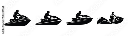 Foto Collection of black summer jet ski rider silhouette simple vector icon set and summer icons concept