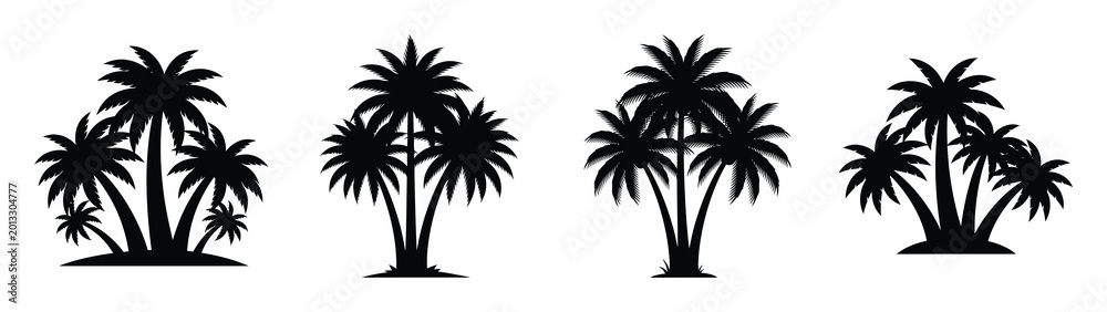 Fototapeta premium Collection of black summer palm tree cluster silhouette simple vector icon set and summer icons concept.