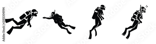 Bilde på lerret Collection of black summer scuba diver silhouette simple vector icon set and summer icons concept