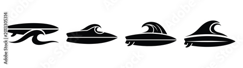 Collection of black summer surfboard with wave silhouette simple vector icon set and summer icons concept.