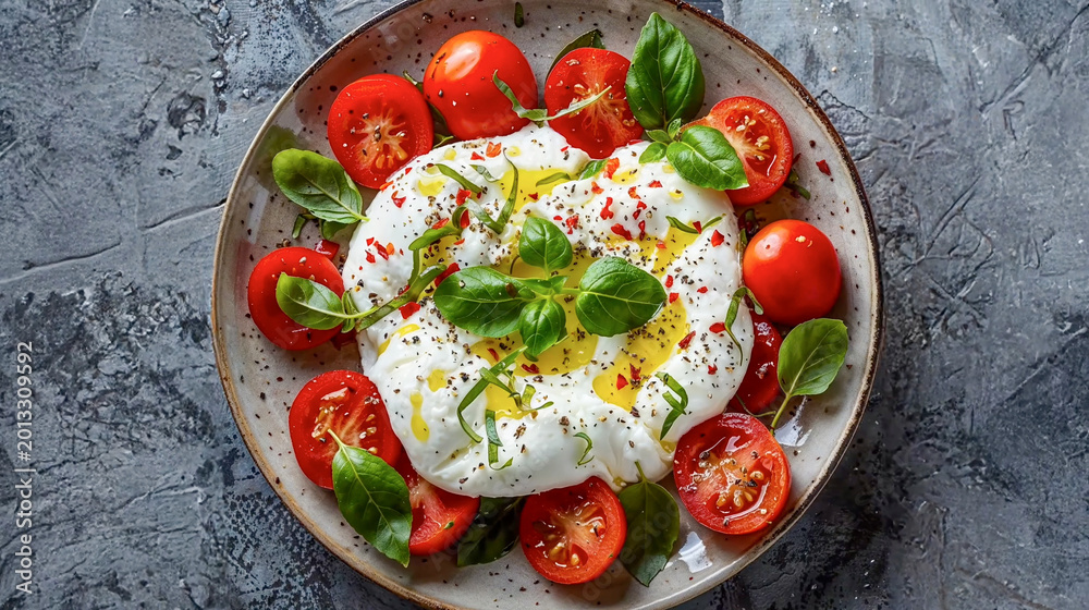 Obraz premium Fresh burrata cheese with cherry tomatoes, basil, and olive oil on a rustic plate. Top-down food photography on a dark slate background. Perfect for Italian cuisine and healthy lifestyle content.