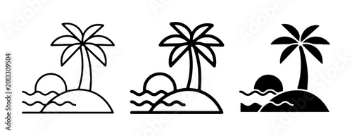 Tropical Island Icons, Palm Tree Sunset Beach Scene Graphics, Ocean Wave Silhouette Set, Minimalist Vacation Vector Art