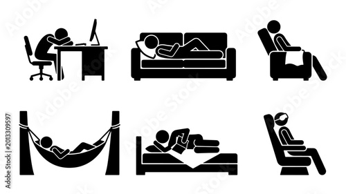 фотографія Relaxation Icons Set, Leisure Poses Collection, Resting Stick Figures, Calm Life