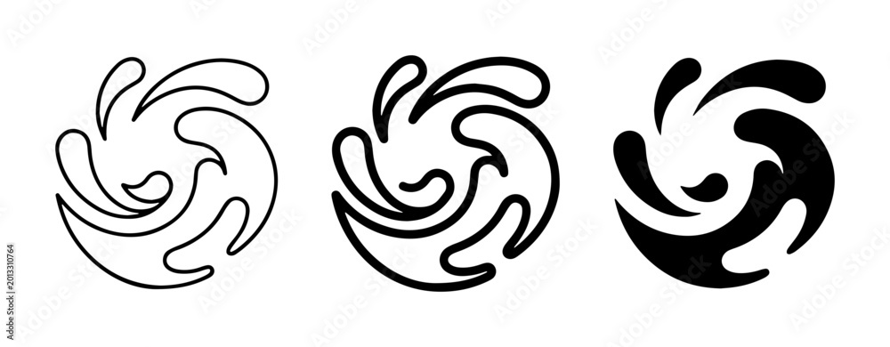 Fototapeta premium Abstract Swirl Icons, Dynamic Water Splash Graphics, Fluid Motion Symbols, Set of 3 Black and White Designs