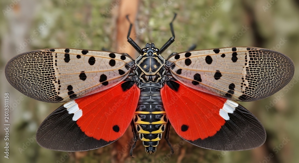 Obraz premium Colorful Spotted Lanternfly Displaying Open Wings on Tree Bark