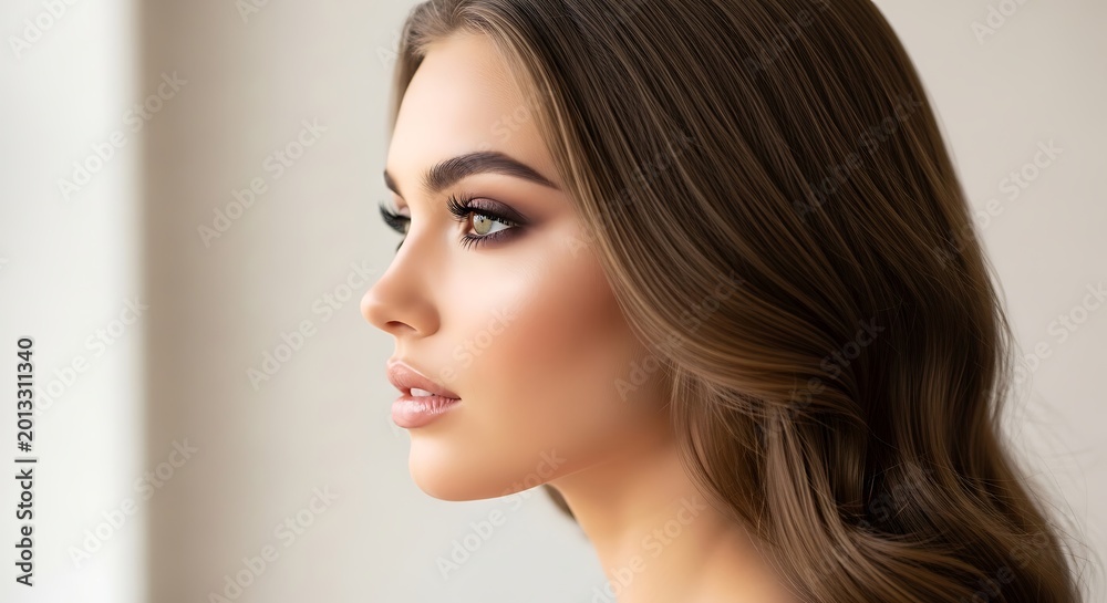 Naklejka premium Elegant Young Woman Posing in Side Profile with Soft Natural Light