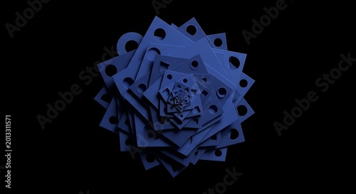 Abstract Blue Geometric Spiral Form Centered on Black Background