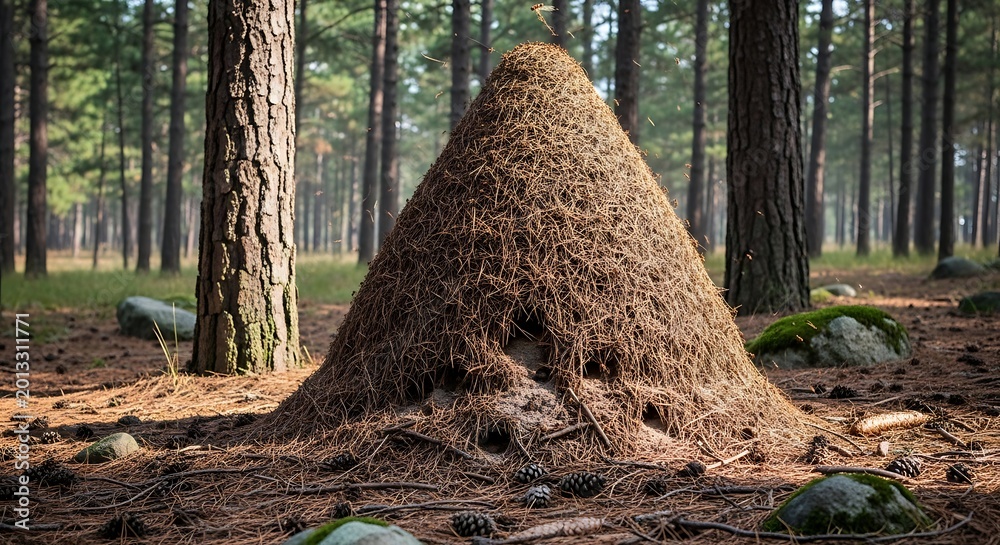 Fototapeta premium Large Woodland Ant Nest Standing Among Pine Trees in Sunlit Forest