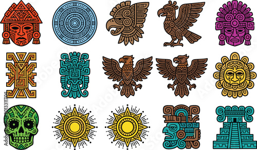 Bild auf Leinwand Aztec Tribal Icons Set with Animals, Suns, and Masks in Bold, Colorful Design fo