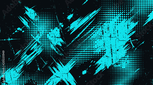 Fotografi Bold cyan and black halftone brush strokes with grunge texture and dynamic contrast