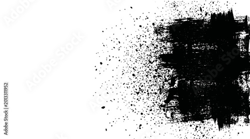 Photos Black ink splatter dissolving into scattered particles on white background