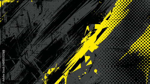Vászonkép Yellow and black grunge halftone background with diagonal splatter