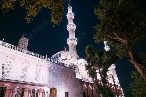 Illuminated night view of historic mosque with minarets and trees