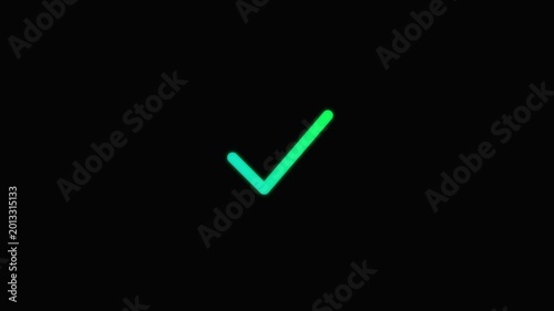 Green Check Mark Icon on Black Background, Glowing Neon Tick Symbol for Success, Completion, Approval, and Correct Choice Verification in 4K