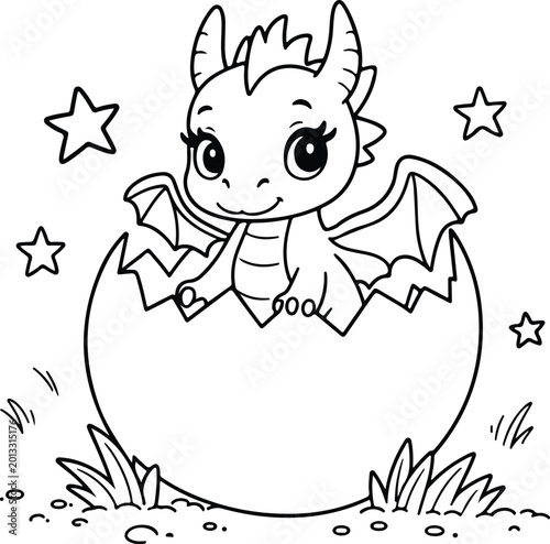 Cute baby dragon peeking out from inside a large cracked eggshell adorable magical animal character for children coloring books and elementary school art decorations