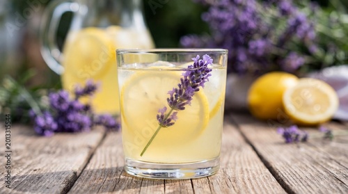 Chilled lavender lemonade with fresh slices. Perfect summer refreshment combining citrus and herbal flavors for relaxation.