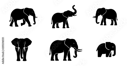 Photography Silhouette Elephant Icons, African Wildlife Vector Graphics, Majestic Mammal Set