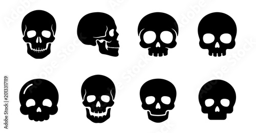 Photos Set of Black Skull Icons, Vector Graphics for Halloween, Gothic Style, Horror Th