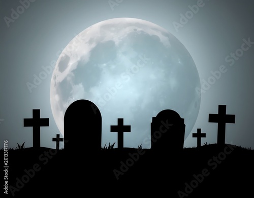 Graveyard Silhouette Under Full Moonlight.