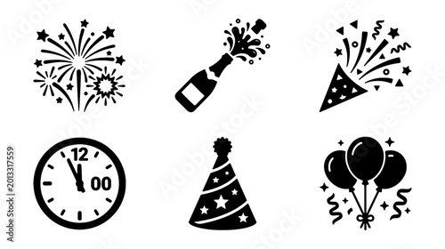 Photography New Year's Eve Celebration Icons: Fireworks, Champagne, Party Hat, Clock, Balloo