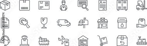 Tableau sur toile Logistics and Delivery Icon Set: Linear Symbols for Shipping, Parcel Tracking, W