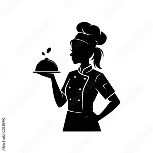 Professional Female Chef Silhouette Holding a Gourmet Dish