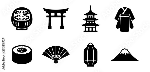 Photos Japanese Icons Collection: Daruma, Torii, Pagoda, Kimono, Sushi, Fan, Lantern, F