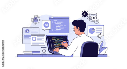 Vector illustration of a professional data scientist interacting with a machine learning interface, writing complex algorithms for artificial intelligence on a modern digital screen.