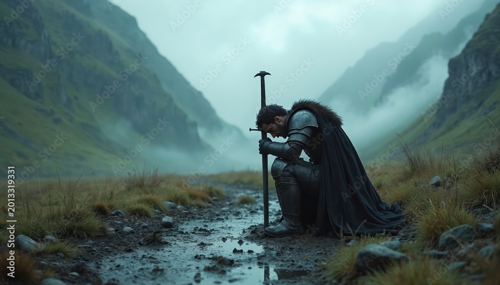 Obraz premium Lone knight in armor kneels on muddy path in misty valley. His sword is stuck in wet earth. He bows his head in quiet reflection. Mountains loom in background.