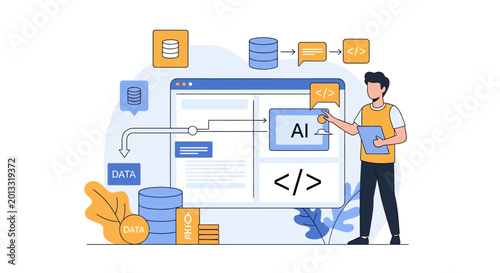 Flat vector illustration of a software developer building a big data pipeline featuring cloud database integration automated ETL workflow and network infrastructure architecture