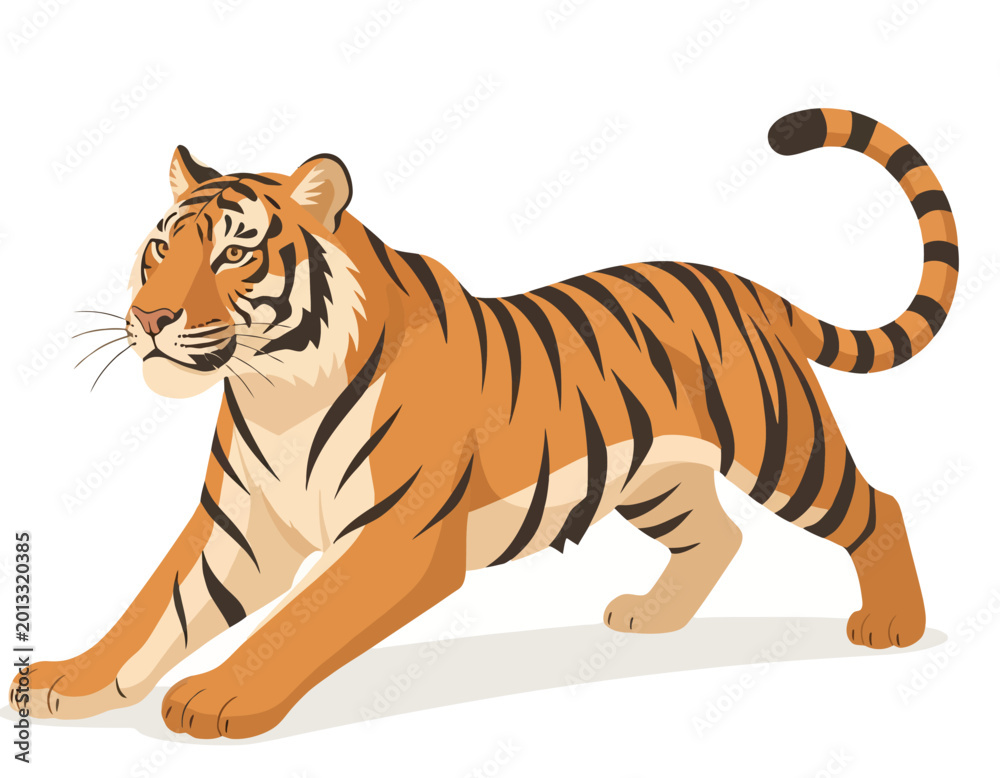 Obraz premium A cartoon illustration of a powerful orange tiger with black stripes in a stalking pose, ready to pounce. Tiger vector illustration.