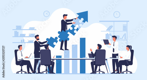 Business team members collaborating to build a large upward-pointing arrow, representing corporate growth, financial success, strategic partnership, and career development in vector style.