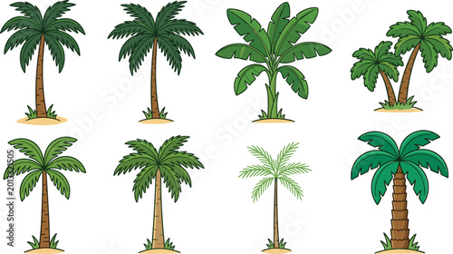 Konstfotografi Set of Tropical Palm Tree Vector Icons with Sand Bases Including Coconut and Ban
