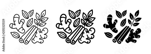 Bild auf Leinwand Ginger, Cinnamon, and Cardamom Spice Collection, Hand-Drawn Vector Icons for Cul