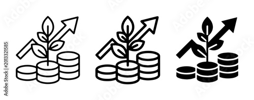 Tableau sur toile Financial Growth Icons: Stacked Coins, Plant Sprout, Upward Arrow Graph, Investm