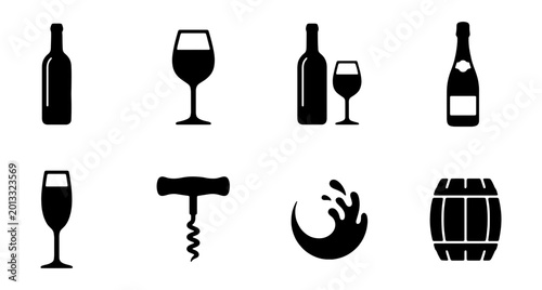 Bild auf Leinwand Wine Icons Set: Bottles, Glasses, Corkscrew, Barrel, Splash, Vector Graphics