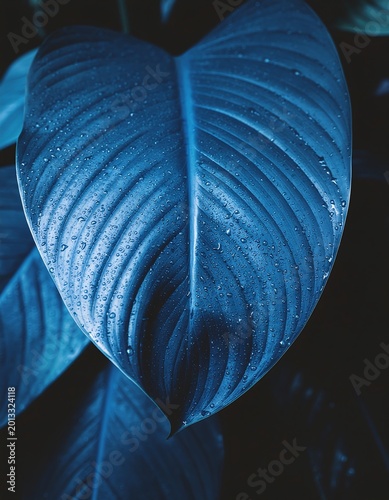 Large blue leaf with water drops.