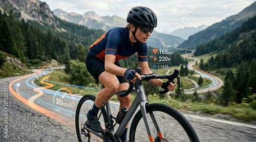 Cyclist Pedaling Mountain Road with Digital Performance