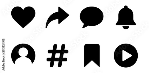 Photos Social Media Icons Set: Like, Share, Comment, Notify, User, Hashtag, Bookmark, P
