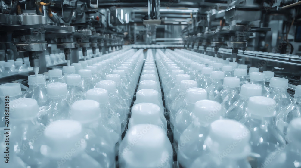 Obraz premium white plastic gallons or bottle on the production line of the conveyor at filling machine in the factory. selective focus. industrial and technology concept 