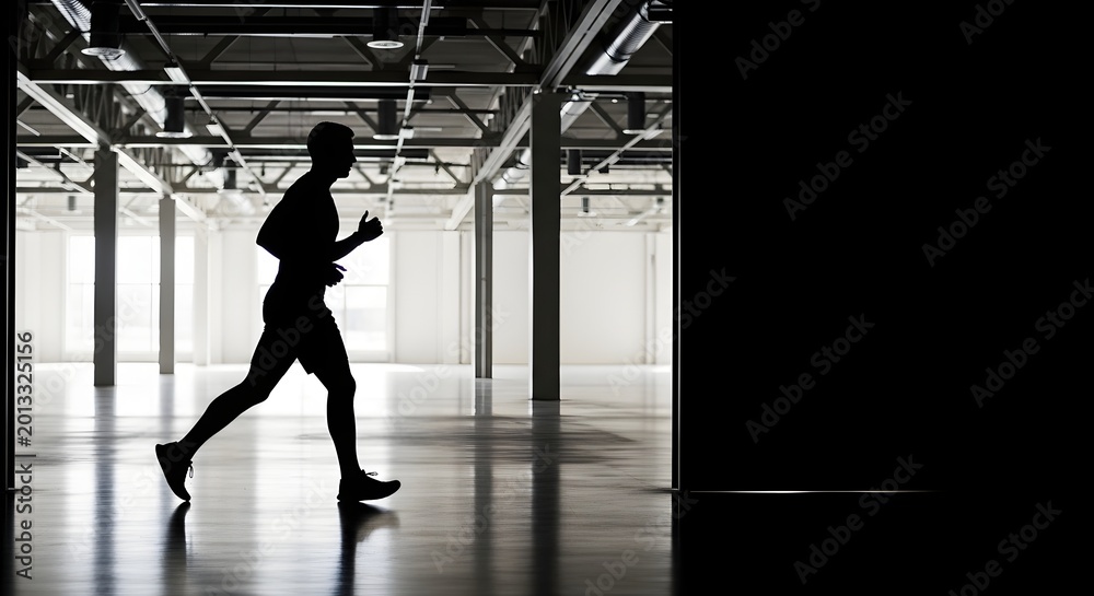 Fototapeta premium Silhouette of a man running indoors with bright light illuminating the space