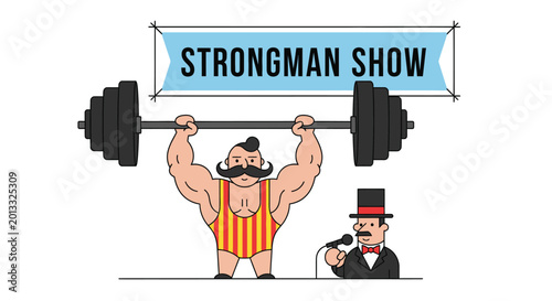 Tableau sur toile Cartoon Strongman Lifting Barbell with Announcer at Show