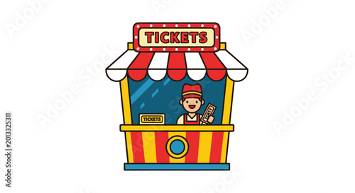 Cartoon Ticket Booth with Vendor Selling Tickets
