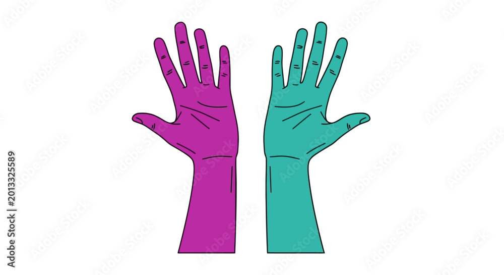 Fototapeta premium Minimalist Vector Illustration of Two Colorful Hands in Purple and Teal, Open Palms Raised for Unity, Diversity, and Community Concept, Isolated on White Background