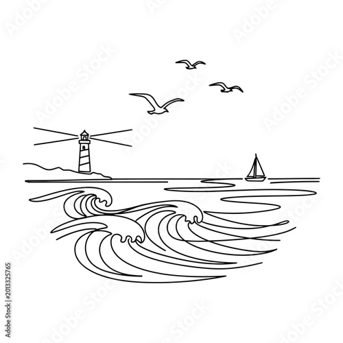 Seaside lighthouse scene with waves and sailboat line art illustration for coastal travel and maritime tourism concepts