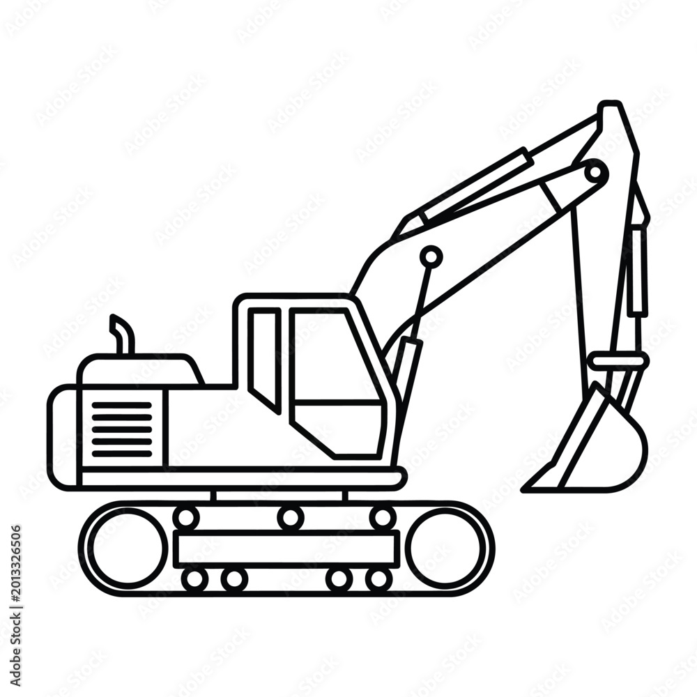 Naklejka premium Linear icon of excavator for construction site and heavy machinery industry or earthmoving equipment engineering graphics